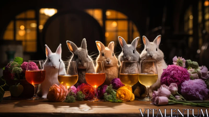 Rabbits Enjoying Wine at a Flower-Adorned Table AI Image
