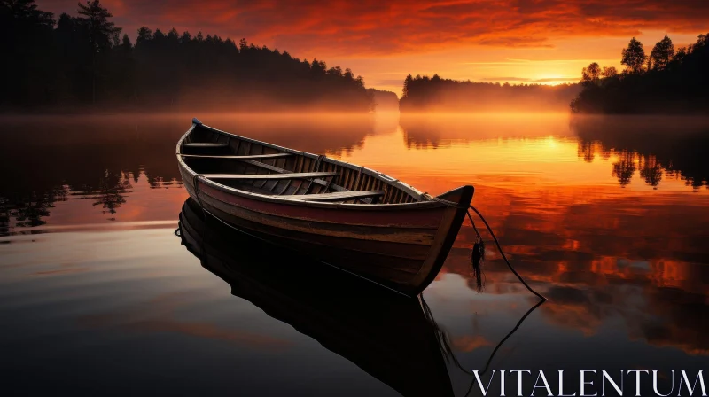AI ART Tranquil Sunset Lake Scene with Wooden Boat