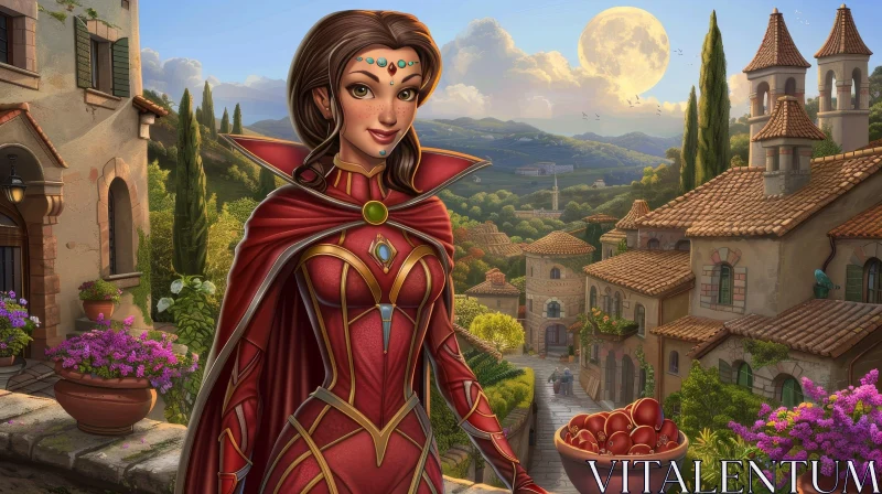 Young Woman in Red Dress in Italian Village AI Image