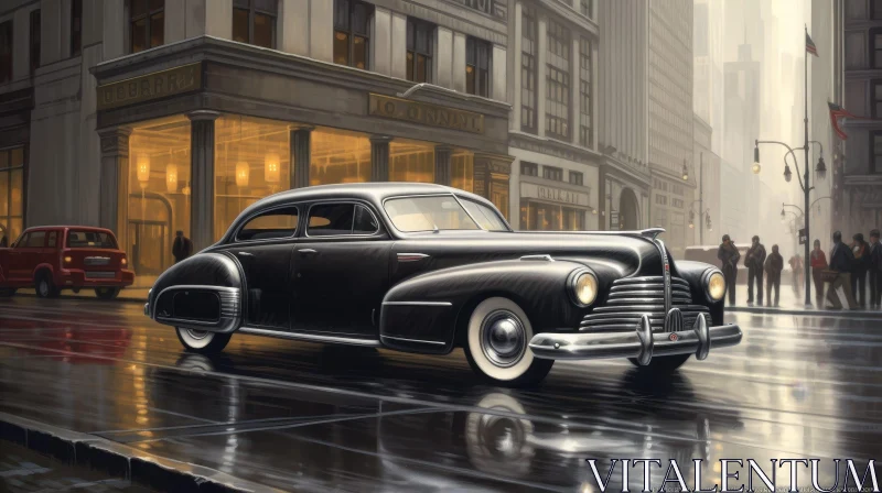 Black 1940s Packard Car on Rainy Urban Street Painting AI Image
