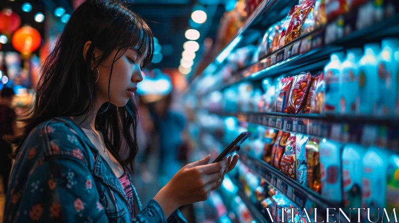 Captivating Moment in a Grocery Store: Young Woman Lost in Technology AI Image
