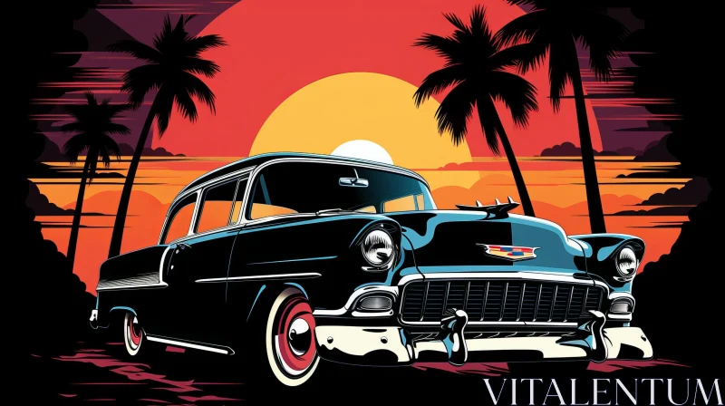 Classic Car Illustration on Beach AI Image
