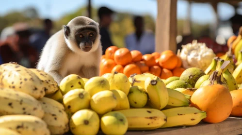 Curious Monkey Surrounded by Bananas and Oranges