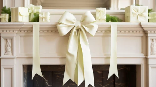 Elegant Marble Fireplace Mantel with Cream Bow and Gifts