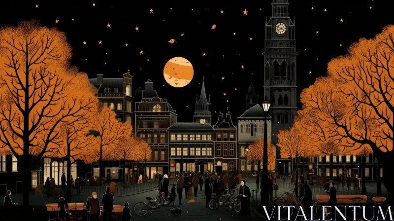 Enchanting European City Night Scene with Full Moon and Stars AI Image