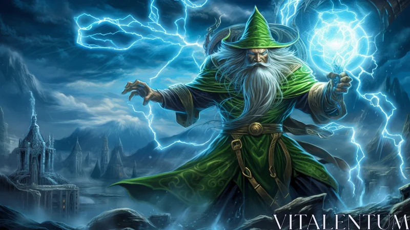 Enigmatic Wizard in Stormy Landscape AI Image