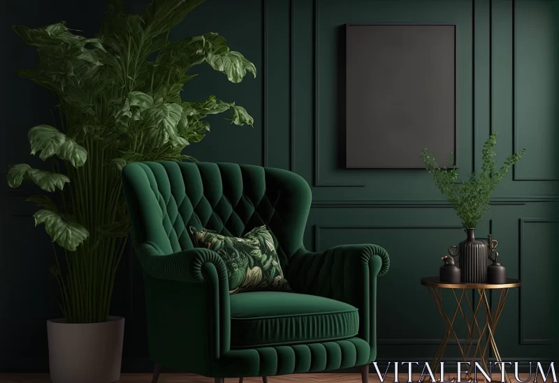 Exquisite Green Furniture Background with Dark Wall Interior and Plant AI Image