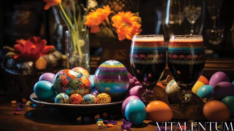 AI ART Festive Easter Tableau with Colorful Eggs and Glasses