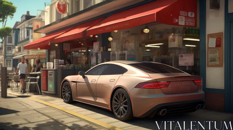Futuristic City Street Scene with Silver Sports Car AI Image