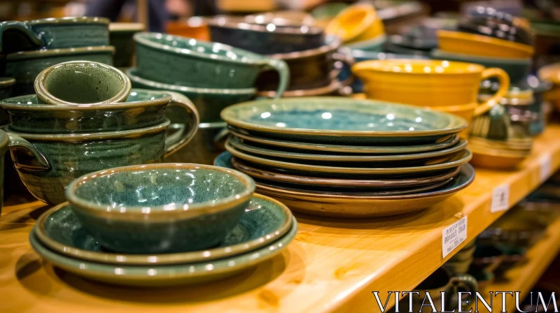 Handmade Ceramic Dishes | Close-up Shelf Display | Vibrant Colors AI Image