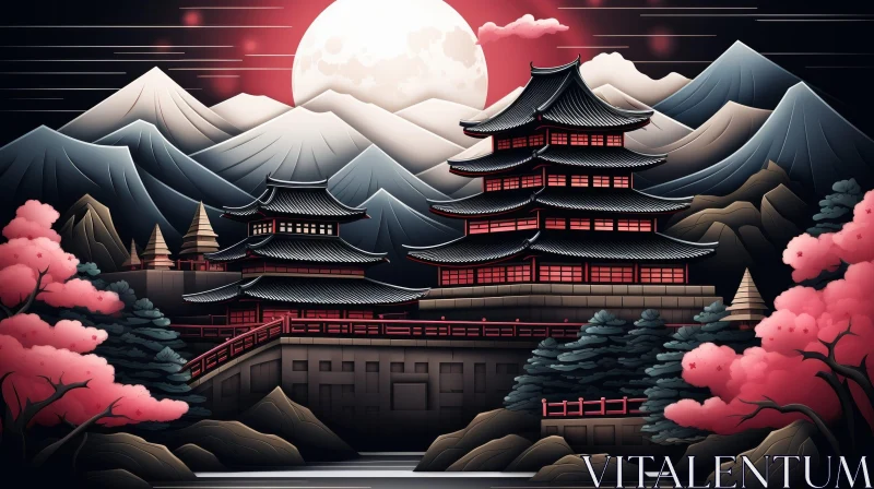 Japanese Castle Illustration in Serene Landscape AI Image
