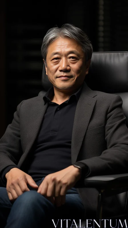 Middle-Aged Asian Man Portrait in Black Suit AI Image