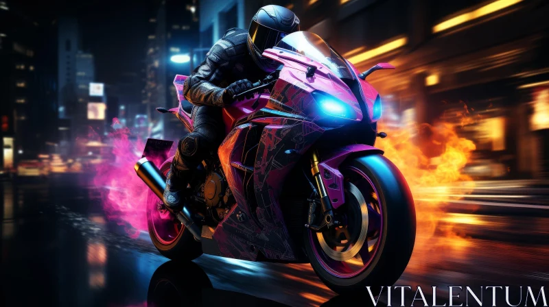 Motorcyclist Riding Pink and Black Motorcycle in Flames AI Image