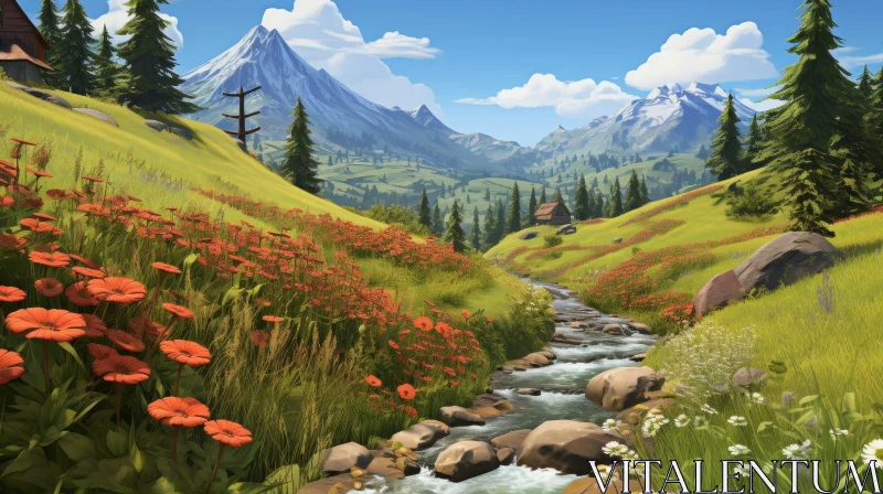 Mountain Valley Landscape with River and Flowers AI Image