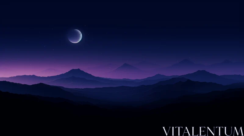 Nighttime Mountain Landscape with Stars and Moon AI Image