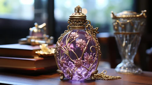 Purple Glass Perfume Bottle on Wooden Table