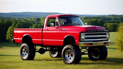 Red Truck in Field: A Stunning Display of Classic Rock Style