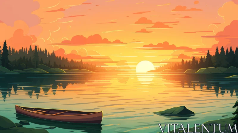 Serene Lake and Boat Illustration at Sunset AI Image