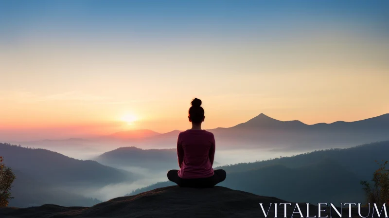 AI ART Serene Mountain Sunrise Landscape with Meditating Woman