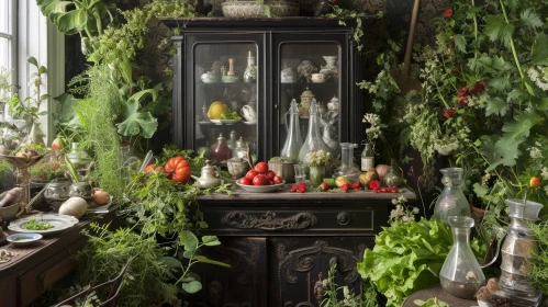 Still Life Wooden Cabinet with Glass Case and Abundance of Fruits and Vegetables