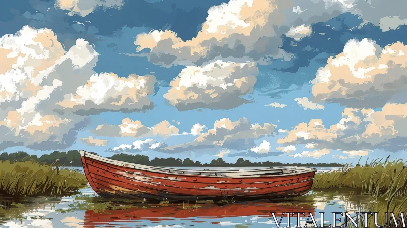 Tranquil Lake Scene with Red Boat AI Image