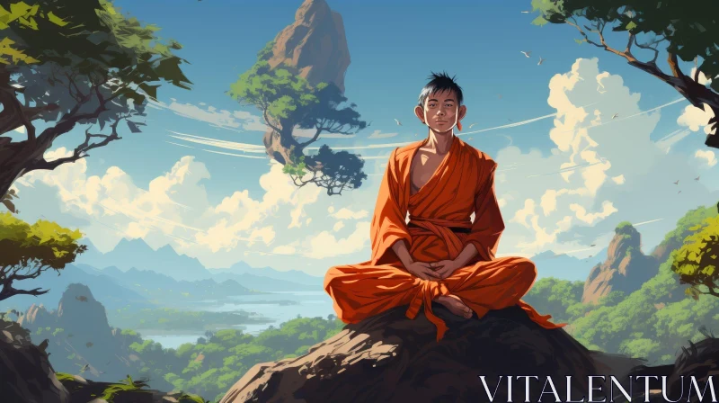 AI ART Tranquil Monk Meditation in Nature