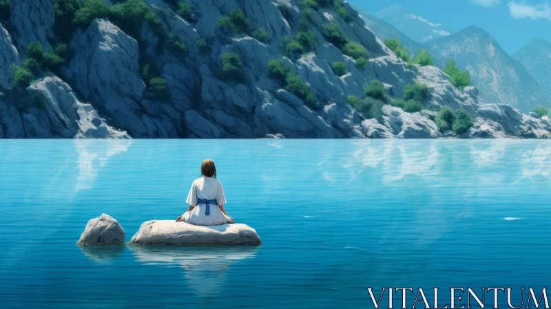 Tranquil Woman in White Dress by Crystal Clear Lake AI Image