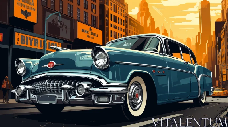 Vintage 1950s Car Digital Painting in Urban Setting AI Image