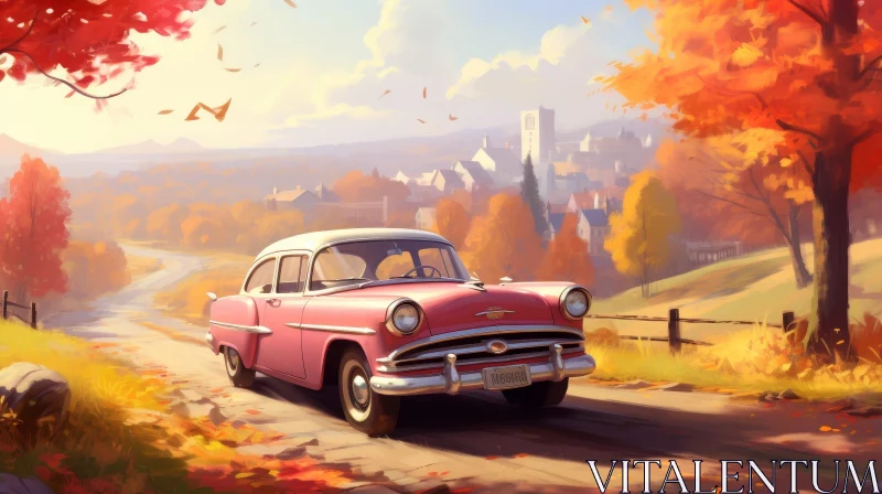 Vintage Car Driving on Country Road in Fall AI Image