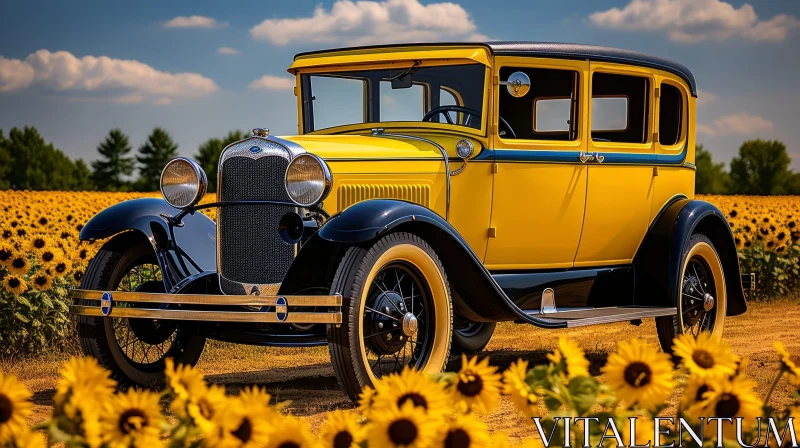 AI ART Vintage Car in Sunflower Field - Nature Beauty