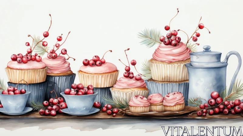 AI ART Watercolor Still Life with Cupcakes and Teapot