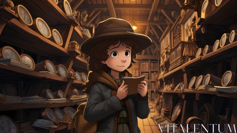 Young Girl in Library Cartoon Illustration AI Image