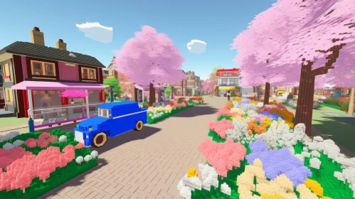 Colorful 3D Cityscape with Blooming Trees and Flowers