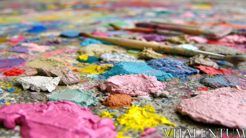 Colorful Artist's Palette with Paintbrushes and Splattered Paint AI Image