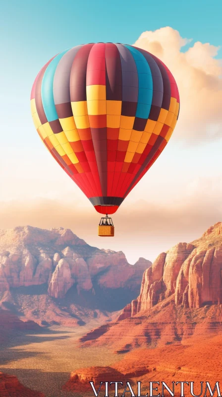Colorful Hot Air Balloon Flight Over Desert Landscape AI Image