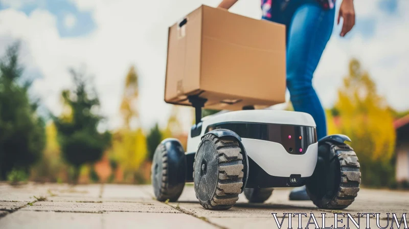 Delivery Robot Following Woman | Blue Shirt, Jeans | Technology Art AI Image