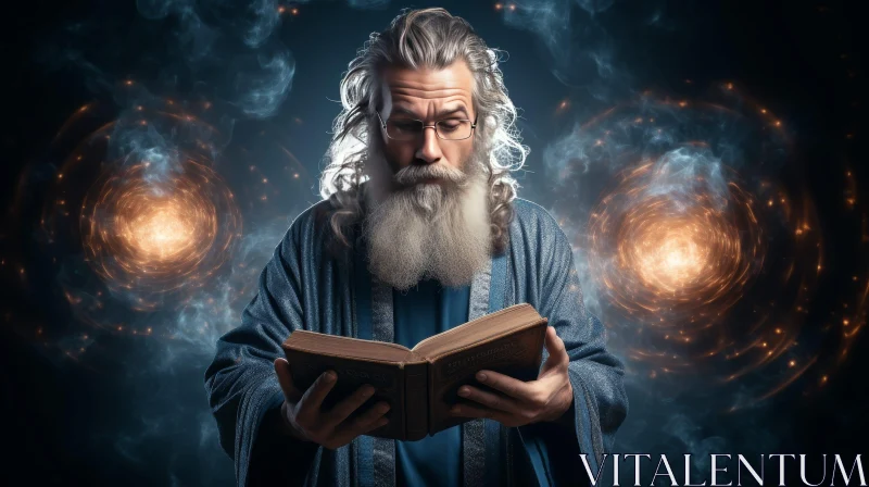 Elderly Man Reading Book with Nebulae Background AI Image