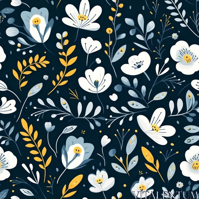 Elegant Floral Pattern - White and Yellow Flowers on Dark Blue Background AI Image
