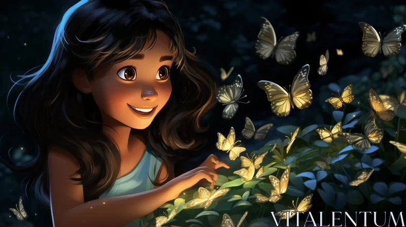 Enchanted Girl in Dark Forest with Butterflies AI Image