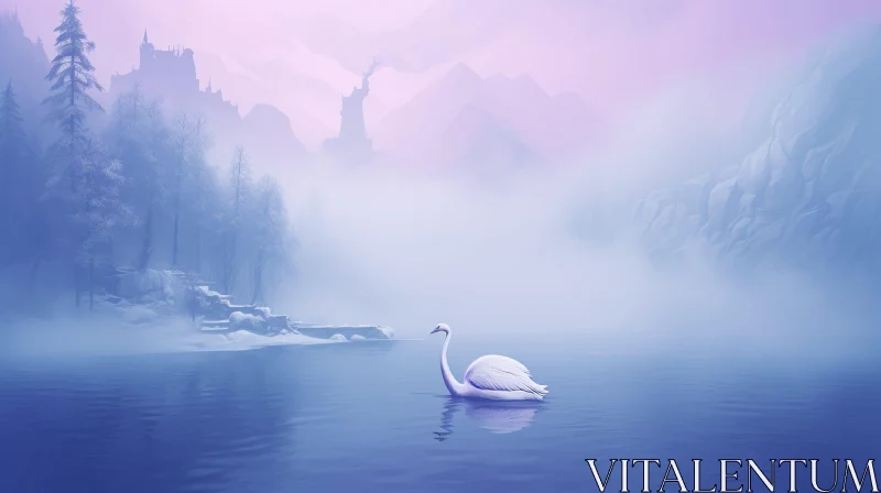 AI ART Enchanting Winter Landscape with Swan and Frozen Lake