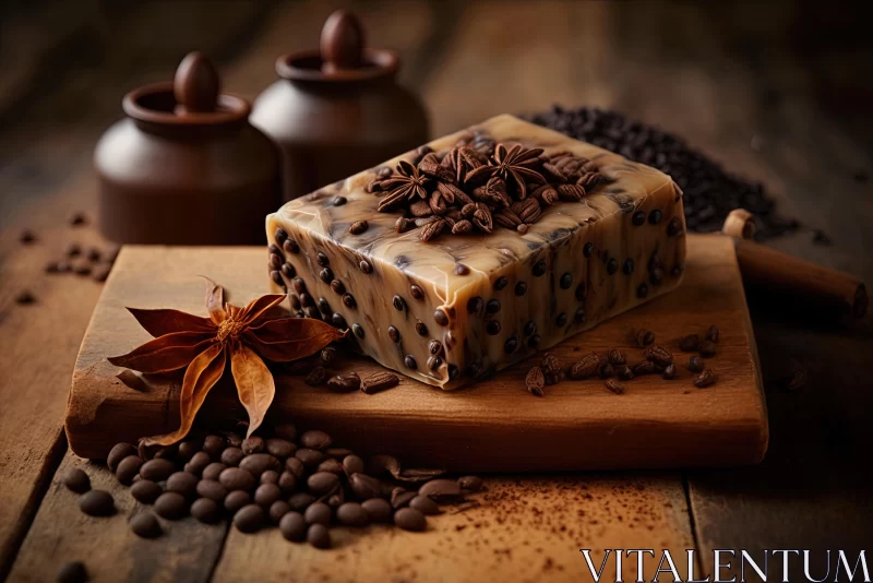 AI ART Exotic Still Life: Coffee and Chocolate Soap with Cinnamon on Wood