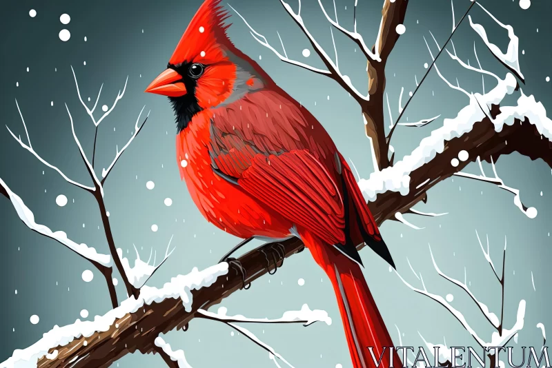Exquisite Red Cardinal on Snow-Covered Branch - Detailed Character Illustrations AI Image