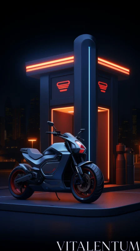 Futuristic Black Motorcycle in Cityscape AI Image