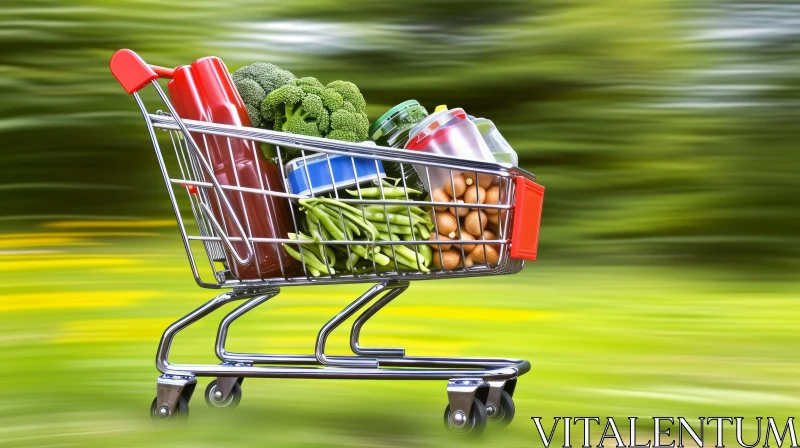 Healthy Food Shopping Cart - Motion Blur Green Background AI Image
