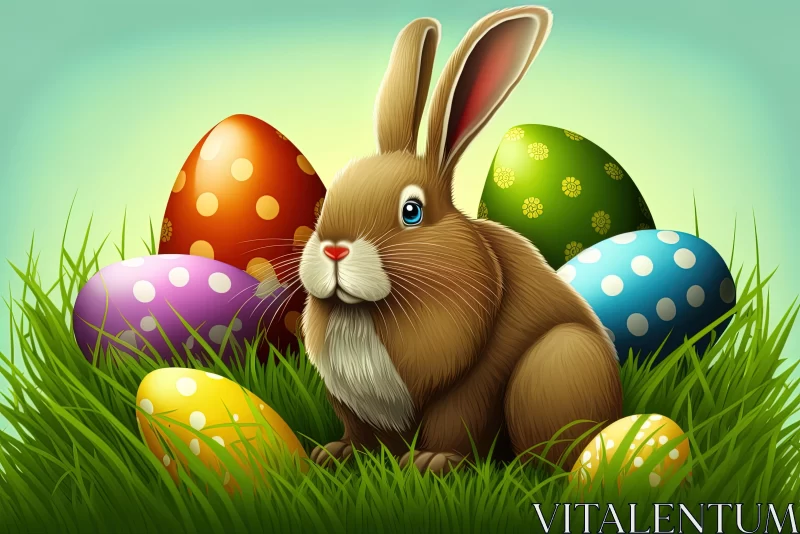 Hyper-Realistic Brown Rabbit with Colored Eggs in Grass | Easter Illustration AI Image
