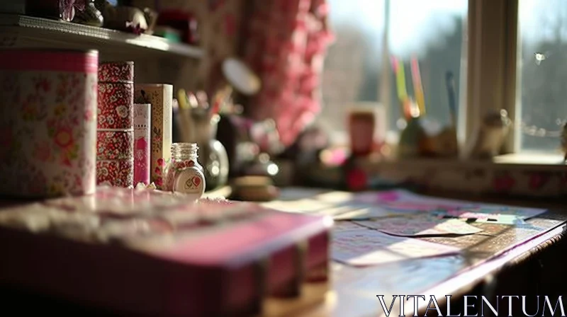 Messy Desk Still Life - Pink Box, Jars, Paper - Window Background AI Image