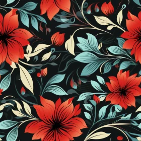 Red Blue White Floral Pattern on Black Background