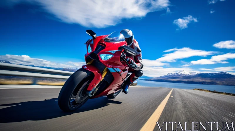 Red Sport Bike Rider Speeding by Snow-Capped Mountains AI Image