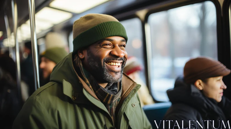 Smiling African-American Man on Bus Looking out Window AI Image