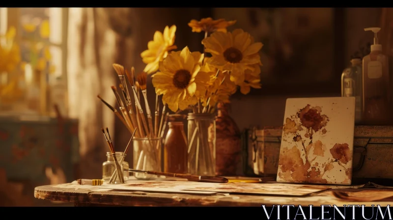 Still Life Painting: Painter's Table with Glass Jars and Sunflowers AI Image